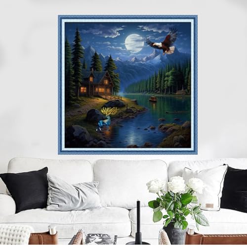 Image of Funxvoot Stamped Cross Stitch Kits Beginners Full Range of Embroidery Kits for Adults 11CT Embroidery Patterns Needlepoint Kits Printed Cross Stitch Kits - (Night View by The Lake 18x18 inchs)
