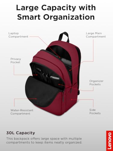 Lenovo 16-inch Commuter Backpack B10, Lightweight 30L Laptop Backpack, Water-Resistant Travel Bag with 6 Storage Compartments, Anti-Theft Pocket & Luggage Strap, Fits Up to 16" Laptop, Burgundy - image 3