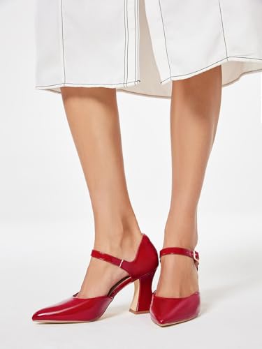 Coutgo Womens Chunky High Heels Closed Pointed Toe Ankle Strap Pumps Cute Dress Dance Shoes2