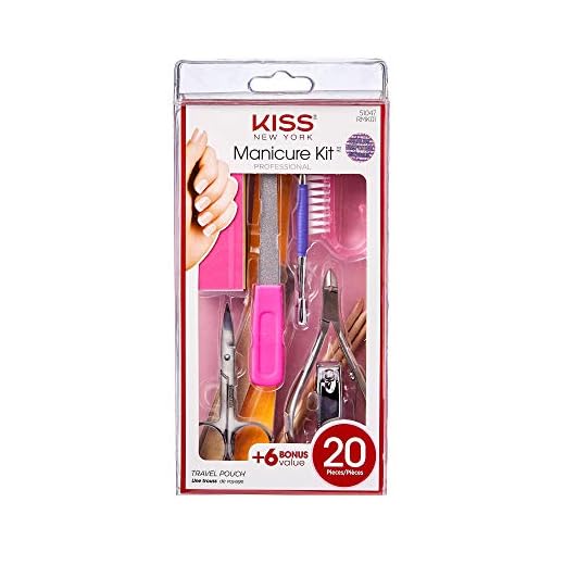 KISS 20-Piece Professional On-The-Go Manicure Kit, Nail Clipper, Cuticle Nipper, Brush, Cuticle Pusher, Emery Boards, Metal File, Large File, Buffing Block, Manicure Sticks, Scissors, Travel Pouch