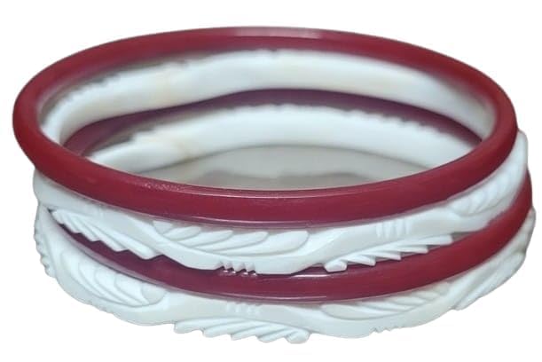 HAPPYCRAFT Shell Shakha Pola Bangles for Married Women – (Pack of 4) | Traditional Bengali Shankha Pola Set in Red and White | Ethnic Bangles for Daily Puja Rituals Festivals Ceremonies