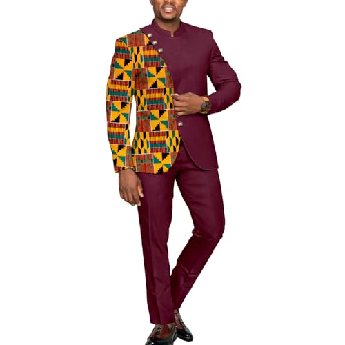 African Suits for Men Dashiki Outfit Kente Print Jacket Pants 2 Piece Sets Nigerian Wedding Attire Clothing