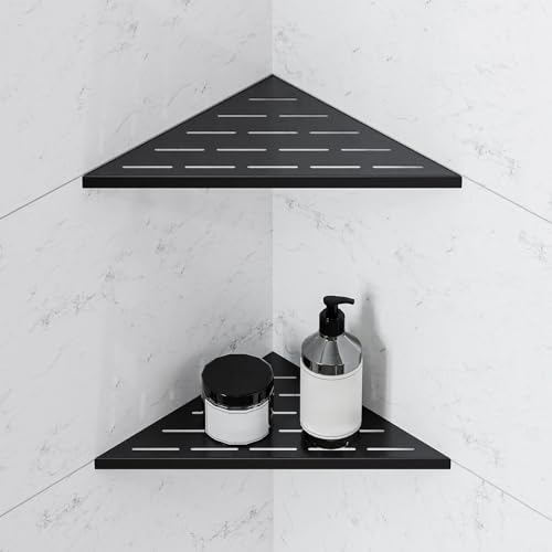 MIWSDCX Corner Shower Shelf 10 Inch Black 304 Stainless Steel Recessed Installation with Grout No Drilling Required Tile Shower Shelf for Tiled Wall (2-Pack)