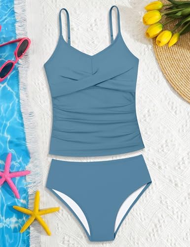Image of Girls Swimsuit 2 Piece Bathing Suit Criss Cross Ruched Girl Tankini Sets Printed Girls' Swimwear for 9-18 Years