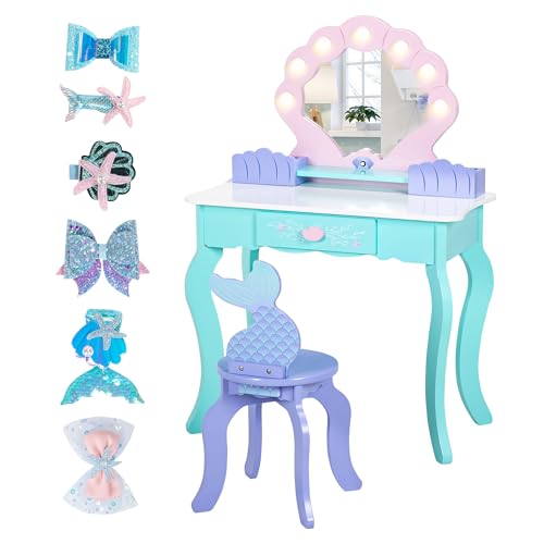 OHKIDS Vanity Set with Lights & Mirror, 2 in 1 Wooden Princess Dressing Table with Stool, Ocean Theme Makeup Table and Chair Set, Little Girls Pretend Play Set, Kids Vanity for Birthday