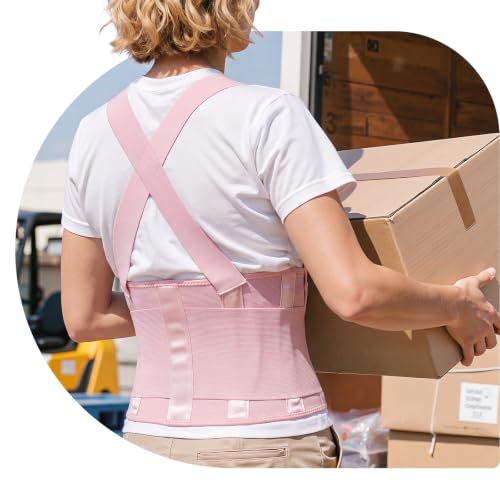 Image of Work Back Brace for Men & Women, Adjustable Lower Back Support Belt for Sciatica, Herniated Disc, Pain Relief, Moving Construction Warehouse Heavy Lifting Safety & Protection (Pink, Large)