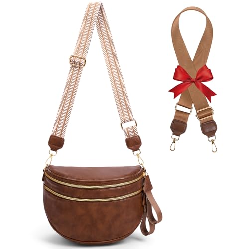 CEUTNIZ Crossbody Bags for Women PU Leather Bum Bags Large Fanny Pack Trendy Leather Purses with Two Shoulder Straps (Brown)