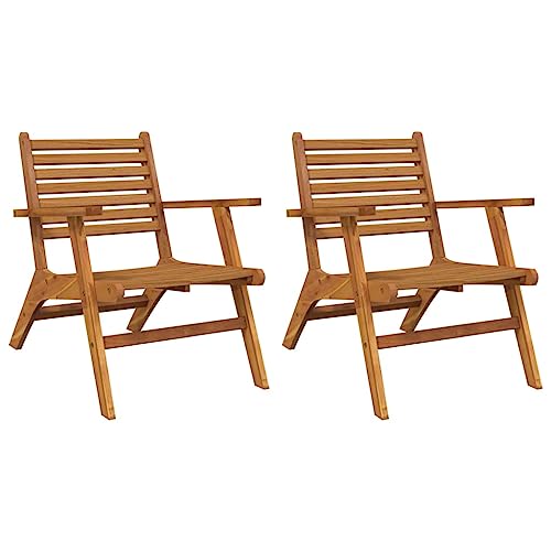 vidaXL 2 pcs Solid Acacia Wood Garden Chairs – Brown Patio Lounge Chairs, Cleanable Outdoor Furniture with Classic Slatted Design