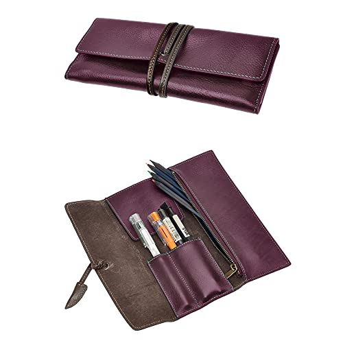 Image of ZLYC Handmade Leather Pencil Case Soft Roll Bag Stationery Gift,Burgundy | multi slot pen storage design,school class daily use,office desk organizer,graduation holiday gift,foldable portable size