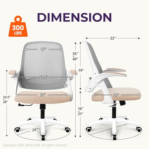 NEO CHAIR Office Desk Gaming Ergonomic Computer Chair with Lumbar Back Support Adjustable Height Swivel Rolling Wheels Flip-up Arms Mesh Chair for Home Vanity (Beige) - Image 3