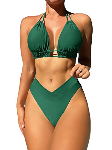 Image of Meetall Cheeky High Cut Triangle Bikini Sets for Women Cute Halter Top Swimsuits 2 Piece