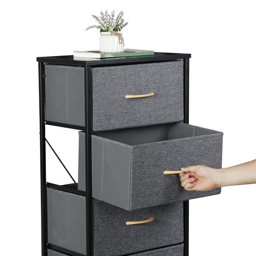 SUPER DEAL Fabric Dresser for Bedroom 46 inch Tall Dresser Vertical Storage Tower Chest of Drawers with 5 Storage Drawers Wood Top and Sturdy Metal Frame for Closet Living Room Hallway Entryway, Grey