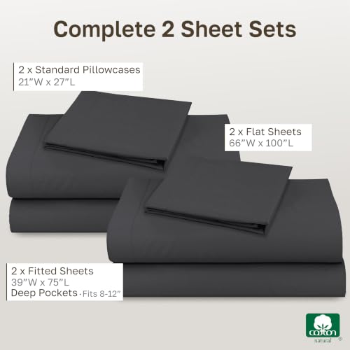 Image of California Design Den 100% Cotton Pack of 2 Twin Size Bed Sheets, Soft & Durable Cotton Twin Sheet Sets with 12 inch Pockets, Twin Sheet Set with Sateen Sheets - Dark Grey (Black Tone)