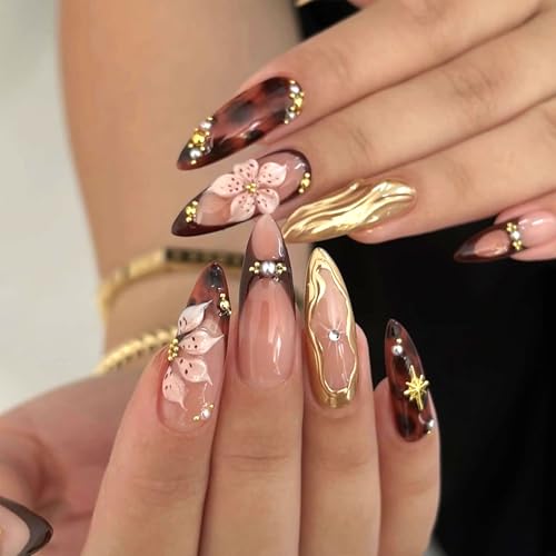 Fall Press on Nails Brown French Tip Fake Nails with Gold Charm...