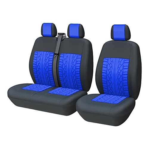 TOYOUN Juego de Fundas de Asientos para Furgonetas y Camiones de 1 + 2 plazas, Fundas Asientos Coche Universales,Poliéster Protector Cubre Asiento Coche Delantero Accesorios de Automóvil,Negro y Azul