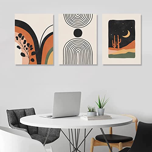 Boho Wall Art, Mid-Century Modern Wall Prints, Minimalist Framed Canvas Paintings Black Beige Orange Moon Plant Desert Geometric Neutral Abstract Artwork Pictures ,Boho Wall Decor Ready To Hang For Living Room, Bedroom, Bathroom, Office(12"X16"X 3) #TOP4