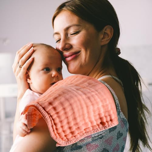 Image of VitalCozy 6 Pcs Baby Muslin Hooded Bath Towels and Washcloths, Muslin Hooded Baby Towels Absorbent Blankets for Gift Newborn Infant Shower (Pink,Orange)