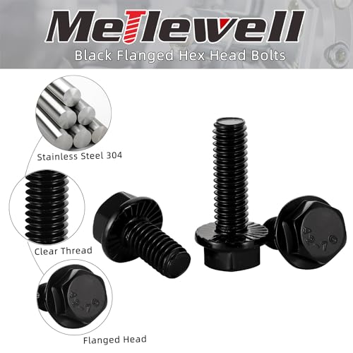 Image of Mellewell 1 /4-20 x 1 /2 inch Flanged Hex Head Bolts Flange Hexagon Screws, Stainless Steel A2 Black Finish, DIN 6921, 25 PCS