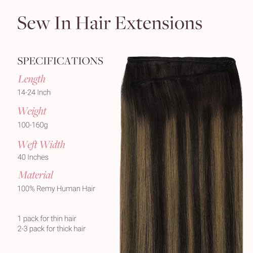 Image of GOO GOO Sew in Hair Extensions Real Human Hair, Weft Hair Extensions Human Hair, 2 /6 /2 Balayage Dark Brown to Chestnut Brown 16inch 120g, Weft Bundles Straight Silky Remy Hair