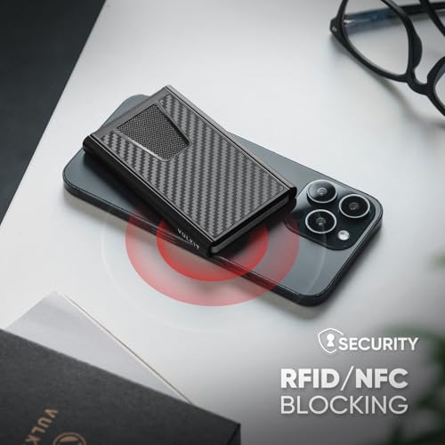 VULKIT Cienki portfel z klipsem na pieniądze, metalowy uchwyt na karty kredytowe, blokada RFID, czarny, węglowy, z klipsem na pieniądze, minimalistyczny, Czarny węgiel, With Money Clip,