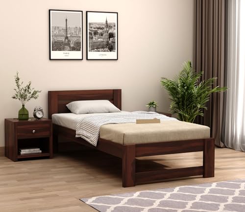 Image of BM WOOD FURNITURE Solid Sheesham Wood Single Bed Without Storage - Elegant and Functional Bedroom Furniture (Walnut Finish)