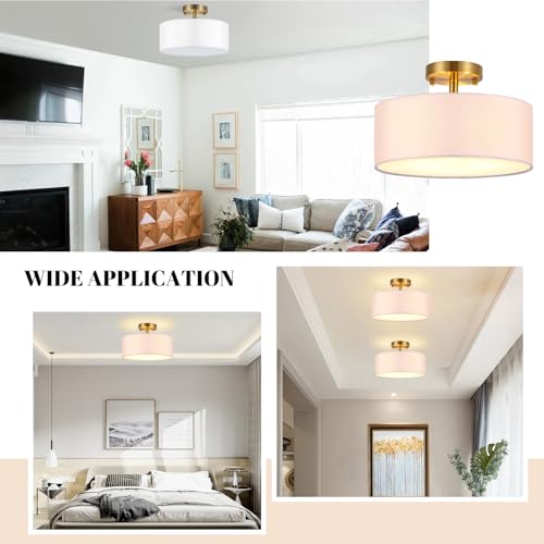 Nut Lighting 15 Inch Drum Light, Semi-Flush Mount Ceiling Light Fixture White Fabric Drum Shade and Gold Plating Finish,Ceiling lamp for Bedroom, Dining Room, Corridor, Living Room - image 8