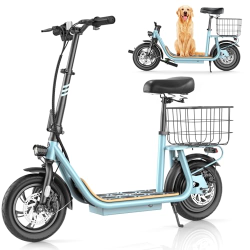 Caroma Peak 1200W Electric Scooter with Seat, 30 Miles Max Range, Electric Scooter Adults, Up to 20MPH Foldable Escooter with Basket,Key Start Adjustable E-Scooter,Blue