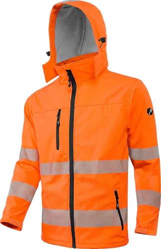 ACE Neon Lite Warnschutz-Jacke - Softshell-Warnjacke inkl. Reflektoren und abnehmbarer Kapuze - EN ISO 20471 - Orange - L