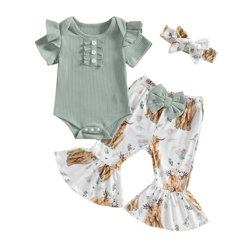 MERSARIPHY Baby Girl Bell Bottom Outfit Cute Infant Newborn Girl Summer Clothes Ribbed Knit Ruffle Romper Tops Flare Pant Set