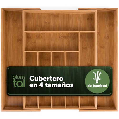 Blumtal Organizador de Cubiertos de Bambú - Cubertero para Cajón de Cocina Ajustable - 7 a 9 Compartimentos - Grande