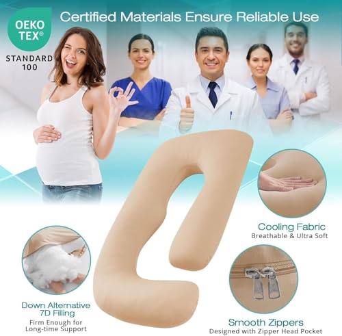 Image of Cooling Pregnancy Pillows for Sleeping, 65'' Full Body Pillow, Beige | Sasttie Maternity Pillow, OEKO-TEX, Down Alternative, Removable Cover, Pregnant Women Must Haves, Maternity Essential