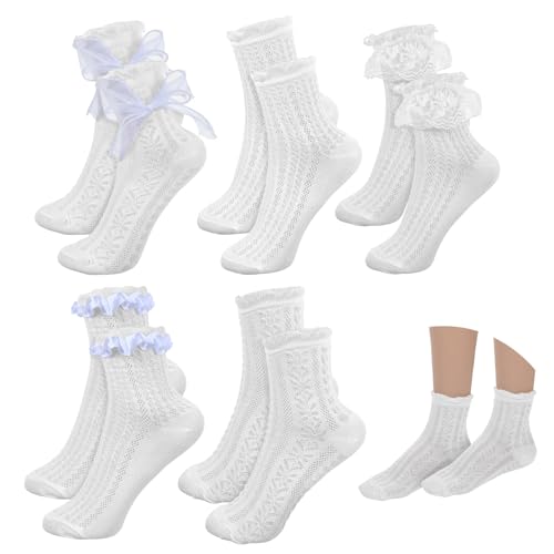 Image of CIATBYYJ 5 Pairs White Lace Socks Women, Elastic and Comfortable Frilly Socks Women, Lace Ruffle Sock Matching with Dresses, Skirts, Sneakers, Loafers, Durable Cotton Ruffled Sock for Womens