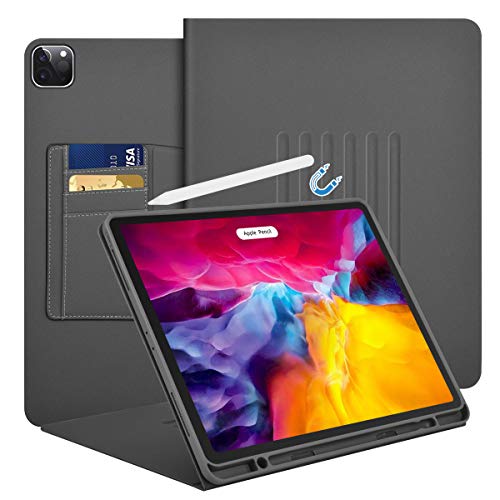 iPad Pro 12.9 Case with Pencil Holder and Simple Pocket (2020 4th Generation & 2108 3rd Gen), Multi-Angle Magnetic Stand Leather Cover for Women and Mans - Auto Wake/Sleep Folio - Grey
