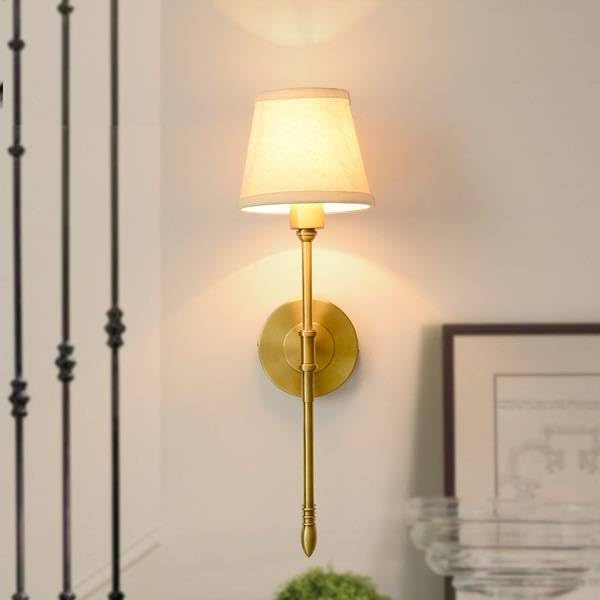 Image of Wall Sconces Sets of 2, Retro Industrial Wall Lamps, Bathroom Vanity Sconces Wall Lighting with White Fabric Shade, Hardwired Column Stand Bathroom Vanity Light Fixture for Hallway (Golden)