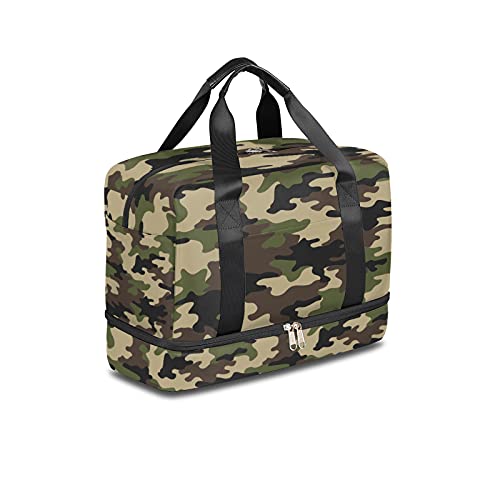 Camouflage Travel Duffel Bag, Green Camouflage Weekender Overnight Bag Large Carry On Bag, Waterproof Sports Gym Bag Tote Workout Duffel Bag for Men Women - Main Image