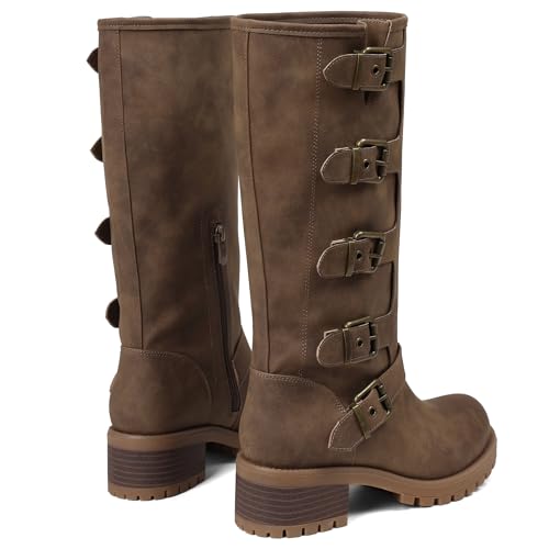 Image of AMINUGAL Knee High Boots Women Square Toe Pull On Wide Calf Riding Fashion Buckles Chunky Metallic Casual Vintage Buckle Rivet
