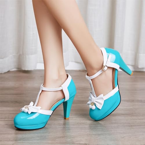 Image of Elbslutt Women's Cute Retro Rockabilly Shoes T Strap Mary Janes Heels Chunky Cosplay Shoes Sweet Block Heeled Bow Pumps