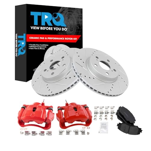 Image of TRQ Performance Front Brake Pad and Rotor Set Ceramic Coated Drilled | For 2009-2010 Pontiac Vibe 2008-2014 Scion xD 2009-2018 Toyota Corolla 2009-2013 Matrix