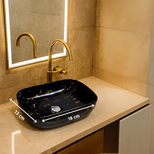 Image of Ceramic Tabletop Wash Basin - Glossy Rectangular Countertop Vessel Sink with Marble Finish for Bathroom & Vanity | Compact 18 x 13 x 5 Inch | Elegant Washbasin