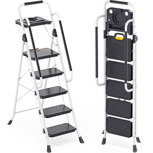 TOOLF 5 Step Ladder, Sturdy Steel Step Stool with Tool Platform, Anti-Slip Wide Pedals, Handrail, Safe-Lock Design, Folding Portable Ladder for Home, Kitchen, Pass 800lbs Load Testing, White