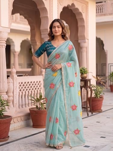 Image of Handcrafted Floral Embroidered Saree with Contrast Blouse