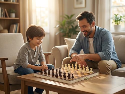 Image of 12 Inches Wooden Handmade Foldable Chess Board Set with Pieces and Queens for 2 Players for Kids and Adults (12x12 Inches, Brown)