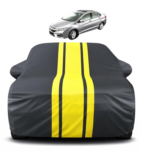 Image of Auto Hub Car Cover Compatible with Honda City (Model : 2008-2019) with Mirror Pocket, Soft Cotton Lining, City Car Cover Waterproof - Yellow-Black