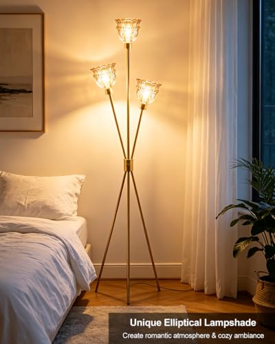 Image of Lightdot 3-Lights Glass Tripod Floor Lamp Gold Dimmable Floor Lamps with 3000K Warm White Bulbs for Wedding Party 62IN Tall Standing Lamp with Amber Glass Shade for Living Room /Bedroom /Home Decor