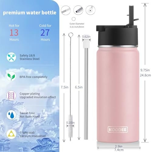 Image of koodee 16 oz Water Bottle Stainless Steel Double Wall Vacuum Insulated Water Bottle Wide Mouth Flask with Leakproof Straw Lid (Light Pink)