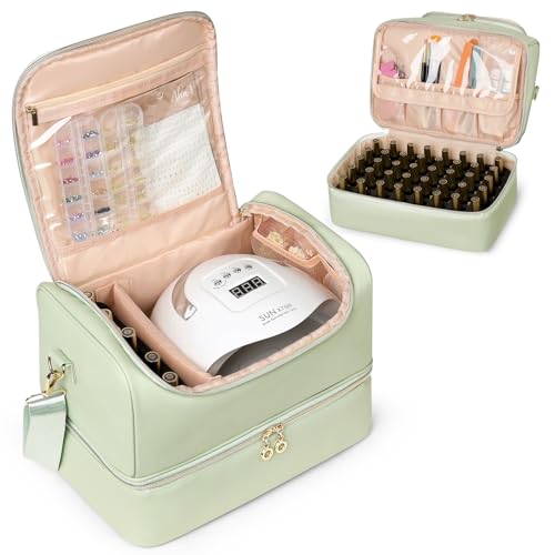 Uross Nail Polish Organizer Bag Holds 50 Bottles Nail Polish Nail Lamp Nail Supplies- PU Leather Nail Organizers and Storage Case for Nail Tech Nail Stuff Gel Kit Box Gift for Manicurist- Green