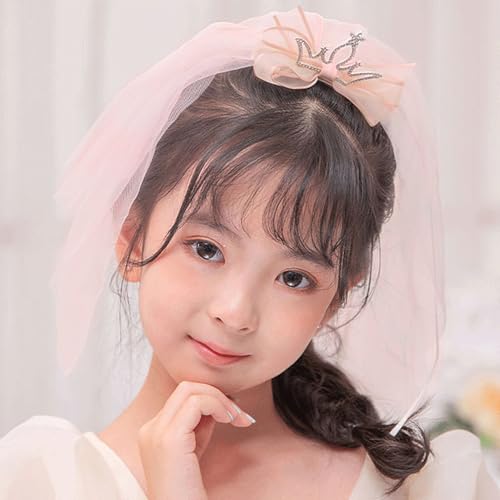Bethynas Flower Girls Crown Veil Girls First Communion Veil Bow-knot Crown Hair Clip Short Veil Bridal Princess Hair Accessories