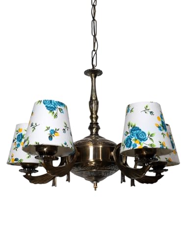 Image of Devansh 05-Light Printed Conical Multicolor Cotton Shade Chandelier - Antique Golden Finish | Adjustable Cord | Warm Glow Lamp - Ceiling Light for Living Room, Dining Area, BedroomDecor - D8