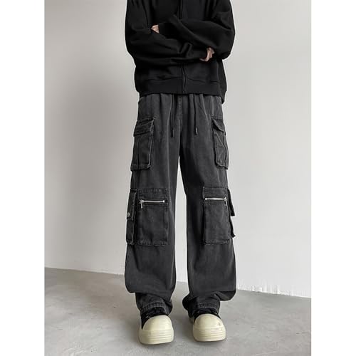 Men's Multi-Pocket Cargo Jeans Baggy Straight-Leg Distressed Black Pants Y2k Hip-hop Harajuku Streetwear2