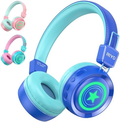 Casque Bluetooth sans Fil Enfant，riyo Casque Audio Enfant avec Lumières LED Bluetooth 5.0 Stéréo Ecouteurs Enfants Limite de Volume 94dB Réglable Pliable pour École/Voyage/PC/Tablet/Kindle
